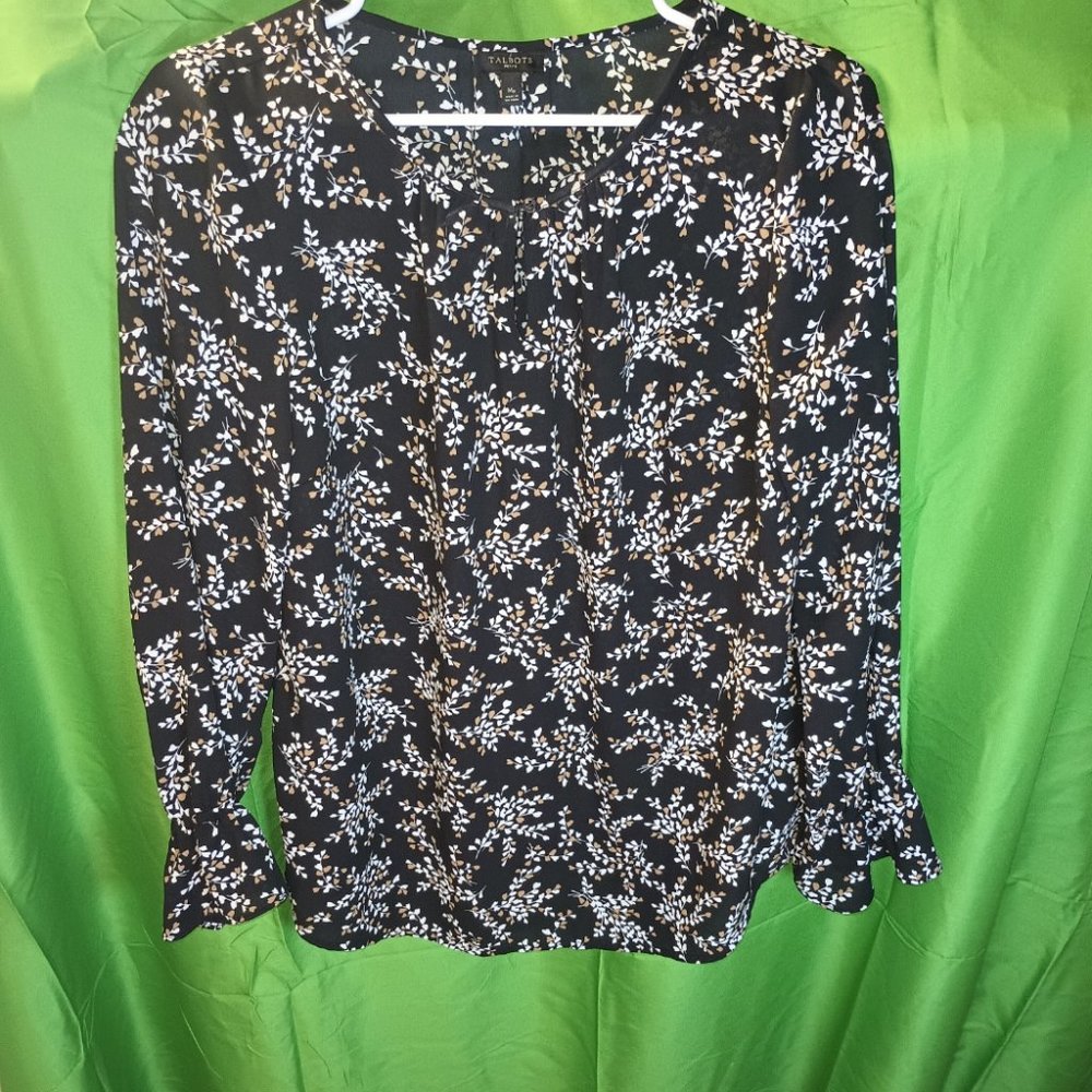 Talbots Black Tan and White Mini Floral Blouse